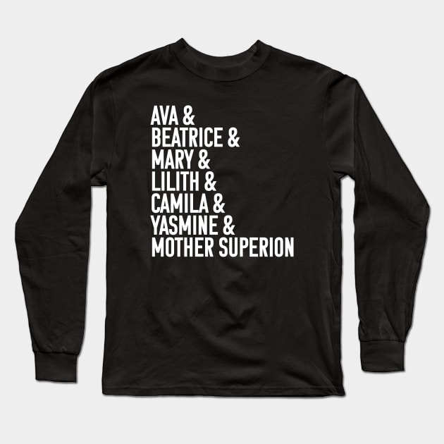 Character names (v3 white text) - Warrior Nun Long Sleeve T-Shirt by Queerdelion